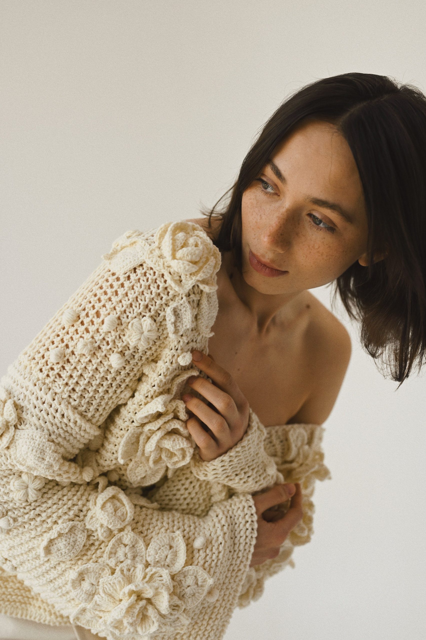 Handknit Cotton Cardigan: White V-neck Jacket With Embroidered Flowers
