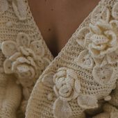 Handknit Cotton Cardigan: White V-neck Jacket With Embroidered Flowers