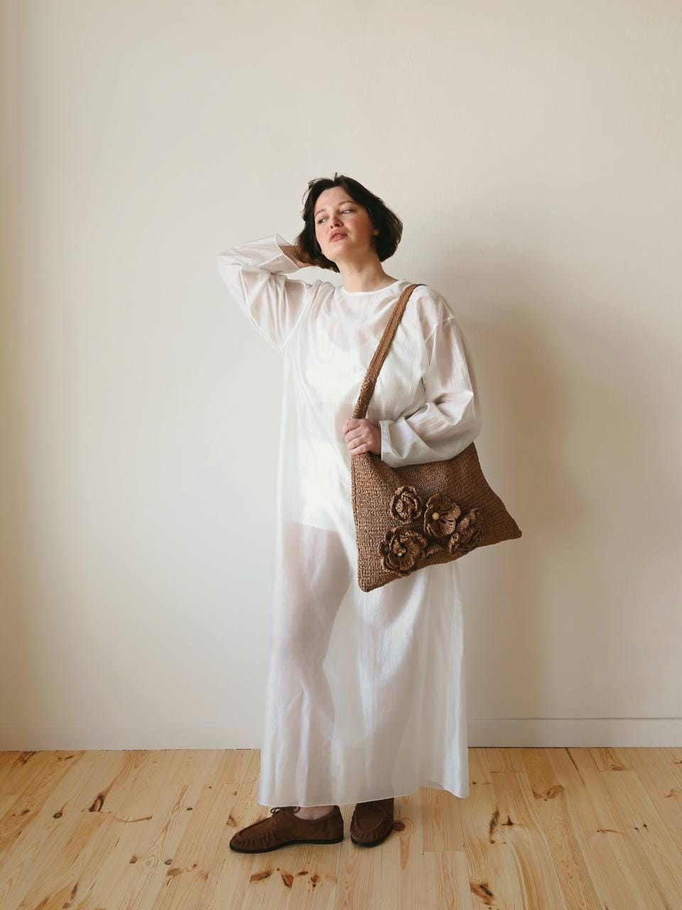 Handmade Raffia Tote Bag: Crochet Flower Eco-friendly Shopper