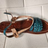 Handmade Moroccan Women’s Sandals – Turquoise Braided Leather Summer Shoes – Genuine Tan Flat Sandals, Real Leather Slides, Gift For Her