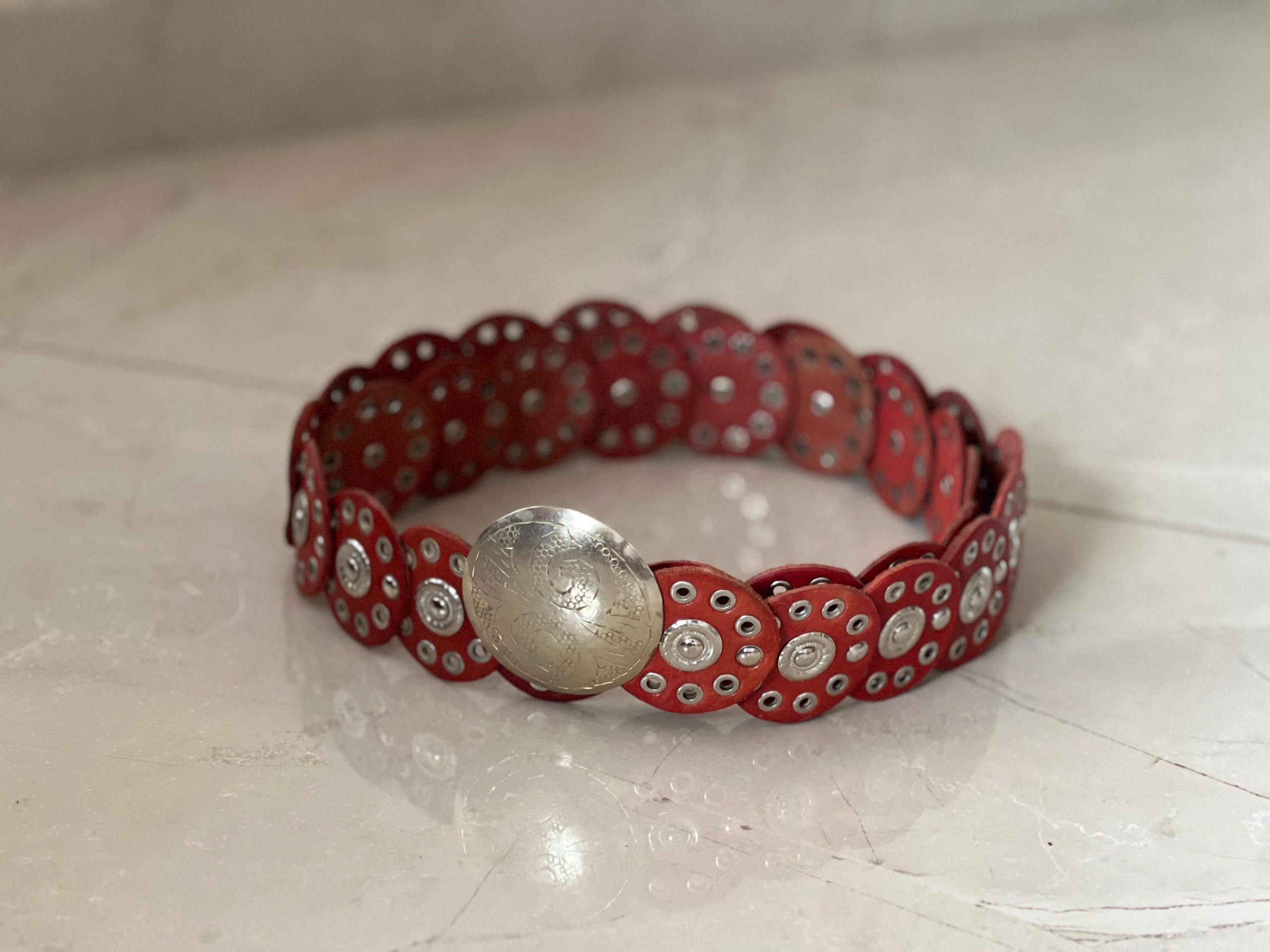 Handmade Moroccan Red Leather Belt With Silver Buckle – Wide Boho Waist Belt